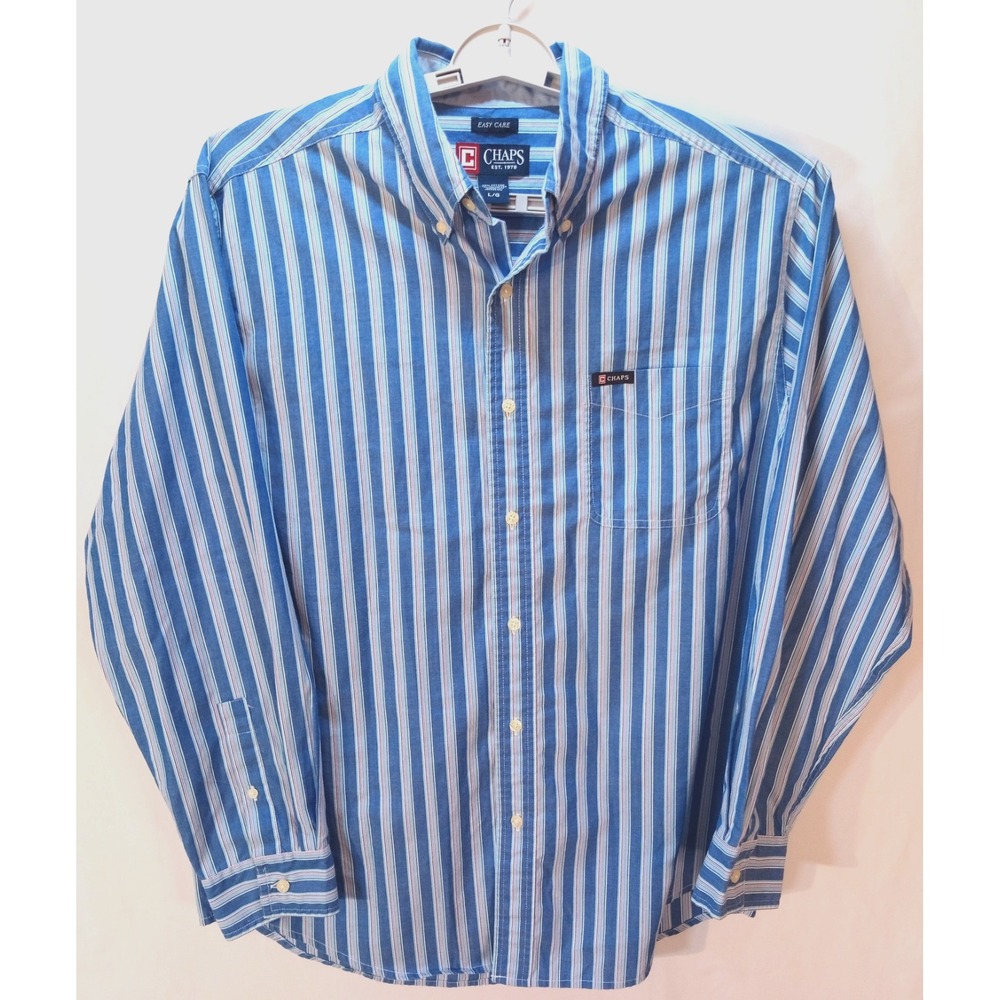Chaps Easy Care Long Sleeve Button Down Men's Shirt, Large, Blue Striped